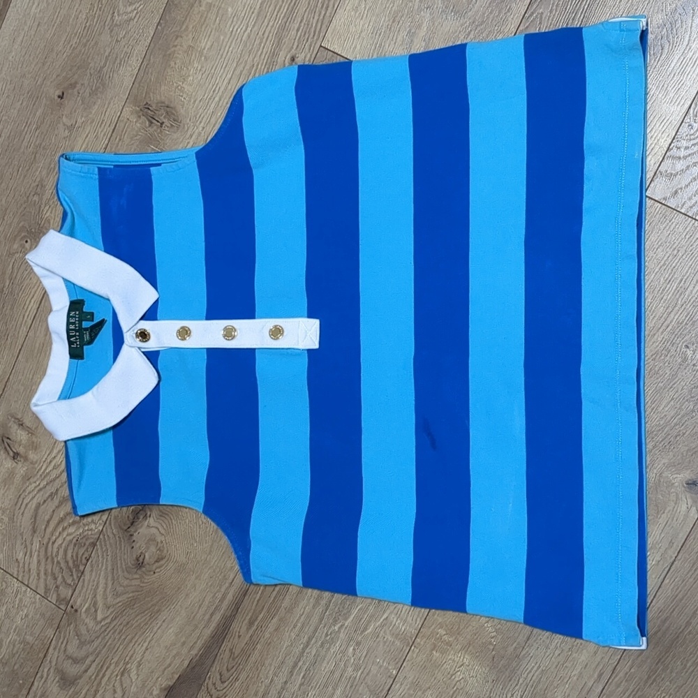Lauren Ralph Lauren polo blue collared Striped Sleeveless golf women shirt L - Picture 2 of 5